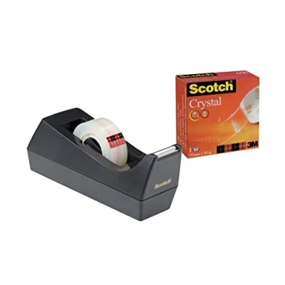 Abbildung von Scotch C38 Tischabroller schwarz + Crystal Klebeband, 1 Rolle, 19 mm x 10 m