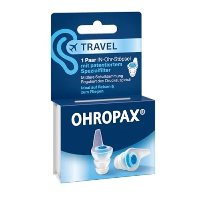 Abbildung von OHROPAX Travel Ohrstöpsel patentierter Spezialfilter reguliert Druckausgleich Schalldämmwert SNR 16 dB zum Reisen und Fliegen 1 Paar Stöpsel mit eingesetztem Filter + kleineres