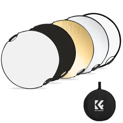 Abbildung von K&amp;F Concept 5 in 1 Reflektor Fotografie (80 cm/32 Zoll), Faltreflektor mit Tragetasche&amp; Doppelgriff, Durchscheinend, Silber, Gold, Weiß und Schwarz Rund Reflektoren für Fotografie,Außenbeleuchtung