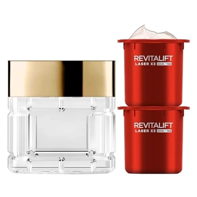 Abbildung von L&#039;Oréal Paris Nachfüllbare Tagespflege, Anti Aging Gesichtspflege mit Hyaluronsäure, Pro Retinol und Vitamin C, Revitalift Laser X3, Starter Set 1x Nachfülltiegel &amp; 2x 50 ml Nachfüllkapseln