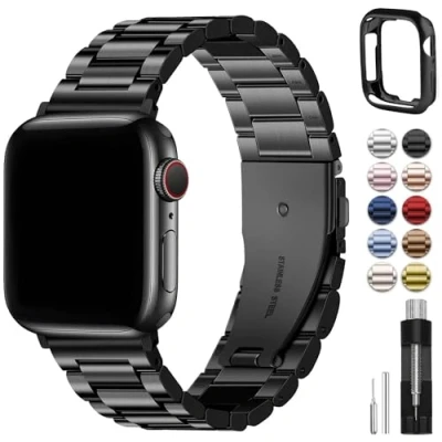 Abbildung von Fullmosa Kompatibel mit Apple Watch Armband 45mm 44mm 49mm 42mm, Metall Ersatzband für Ultra 2/Ultra SE Series 9 8 7 6 5 4 3 2 1 Edelstahl iWatch Bands Schwarz