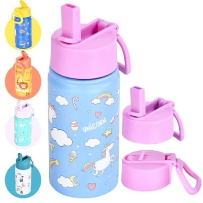 Abbildung von Hydrate Bottles Trinkflasche Kinder Edelstahl 400ml Einhorn Aufdruck mit rosa Deckel Einhandbedienung Thermosflasche Geeignet für Schule und Sport