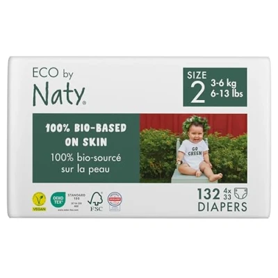 Abbildung von Eco by Naty Baby Öko Windeln umweltfreundliche Premium Bio aus pflanzenbasierten Materialien, ideal für empfindliche Babyhaut (Größe 2 132 Stück) MONATSBOX