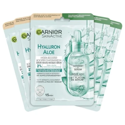 Abbildung von Garnier Tuchmaske, Gesichtsmaske für alle Hauttypen, Erfrischend und feuchtigkeitsspendend, Mit Hyaluronsäure Aloe Vera, Hydra Bomb, 5x28g