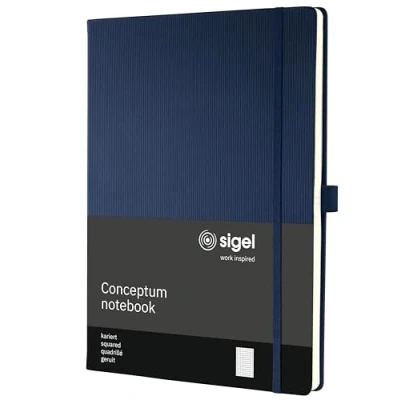 Abbildung von SIGEL CO646 Premium Notizbuch kariert, A4, Hardcover, blau, aus nachhaltigem Papier Conceptum mit Seitenzahlen, Inhaltsverzeichnis, Stiftschlaufe, Falttasche