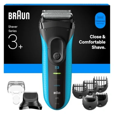 Abbildung von Braun Series 3+ Elektrorasierer Herren, Rasierapparat mit 3 Flexiblen Klingen, Effizienter MicroComb Mitteltrimmer, Barttrimmer Aufsatz, +5 Kammaufsätze, Nass und Trockenrasierer, 3010BT, Blau