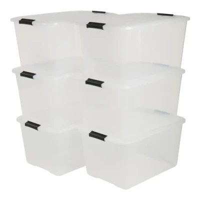 Abbildung von Iris Ohyama Aufbewahrungsbox mit Deckel, 45L, 6er Set, Transparent, Schnappverschlüsse Griffen, Stapelbar, Stark &amp; Langlebig, Für Kleidung, Garage, Zuhause, Büro, Plastikbox, Lagerung TB 45