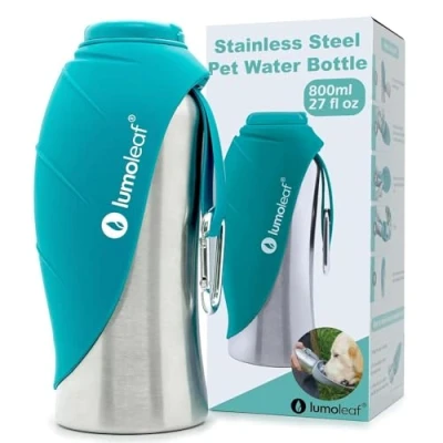 Abbildung von LumoLeaf Hundetrinkflasche für unterwegs, 800ml Edelstahl Trinkflasche Hund, Tragbare Haustier Wasserflasche, Hunde Wasserspender Reise Zubehör Wandern und Campen (Blau)