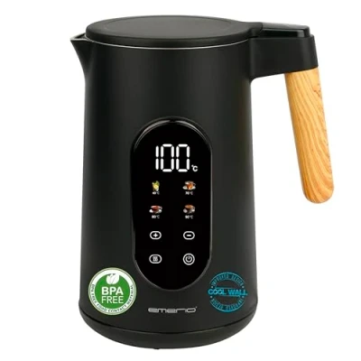 Abbildung von EMERIO Wasserkocher Edelstahl 1.7L isolierte Doppelwand Temperaturwahl 40 100C in 5C Schritten Display mit vorprogrammierten Teesorten BPA frei 2200 W Auto Off Warmhalten WK 132230