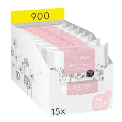Abbildung von LILLYDOO Feuchttücher mit Präbiotika, 900 Stück (15 x 60), 100% plastikfreies Tuch, ohne Parfüme (FSC Mix)
