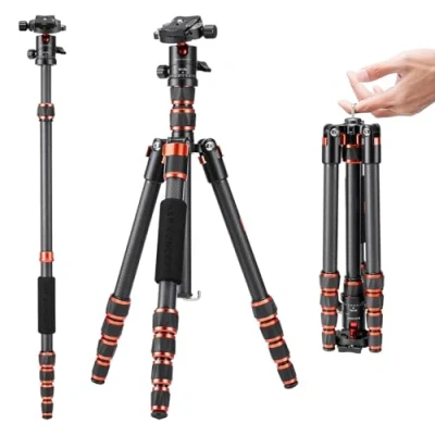 Abbildung von K&amp;F Concept 152cm Carbon Stativ, Leichtes Tripod, Flexibles Kamera Stativ mit 360 Kugelkopf, 1/4&#039;&#039; Gewinde, Tragtasche für DSLR Camera C225C0+BH 25(BA225)
