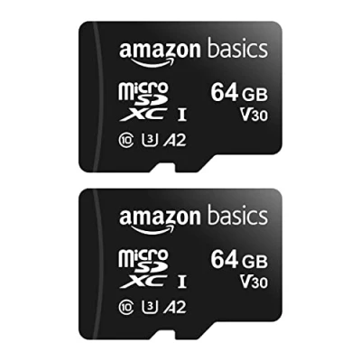 Abbildung von Amazon Basics MicroSDXC, mit SD Adapter, A2, U3, Lesegeschwindigkeit bis zu 100 MB/s, 64 GB (2 Stück), Schwarz