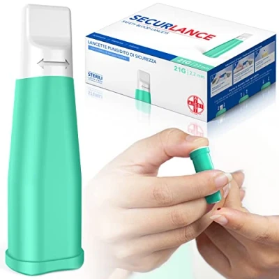 Abbildung von AIESI® Sterile Einweg Lanzetten mit Sicherheitssystem und einziehbarer Edelstahlspitze nadel 21G SECURLANCE (Packung 100 stück)