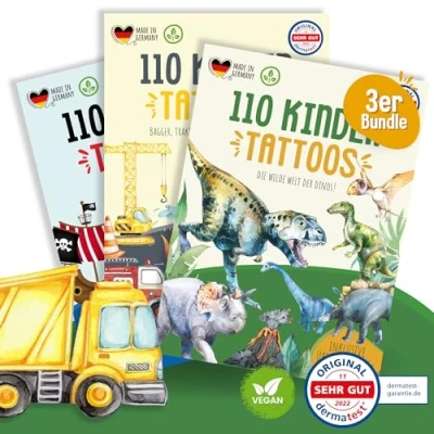 Abbildung von MeinBaby123® 330 hautfreundliche Kinder Tattoos für Jungs 3er Set Hauttattoos Bagger, Dinos, Baufahrzeuge und Piraten vegan &amp; in Deutschland hergestellt (3er Fahrzeuge)