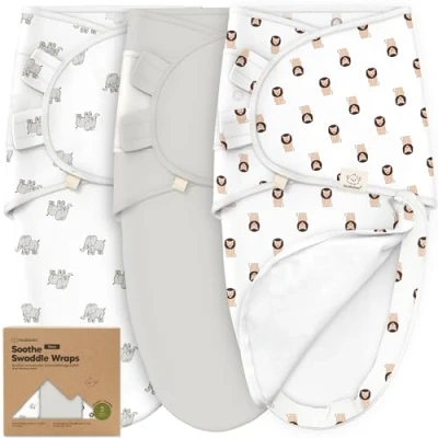 Abbildung von 3er Pack Pucksack Baby 0 3 Monate mit Reißverschluss Bio Baumwolle Wickeltücher für Neugeborene, Mädchen, Jungen, Weicher und Strapazierfähiger Swaddle zum einfachen Windelwechseln (The Wild 2)