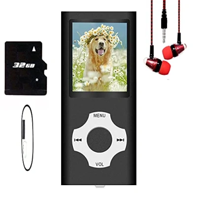Abbildung von Hotechs MP3 Player/MP4 Player, Player mit 32 GB Speicherkarte, schlankes Design, digitales LCD Display, 4,6 cm (1,8 Zoll) FM Radio (Schwarz)