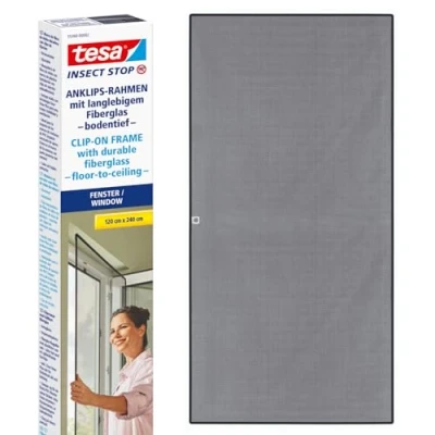 Abbildung von tesa Insect Stop Clip On Fliegengitter zum Einklicken in bodentiefe PVC Fenster zuschneidbarer Rahmen, Netz aus langlebigem Fiberglas, Selbstklebende Halte Klips 1,2 x 2,4 m Anthrazit