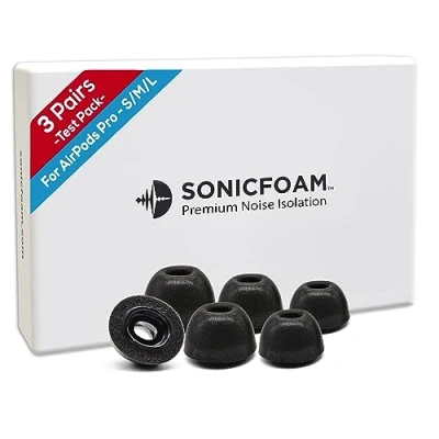 Abbildung von SONICFOAM Memory Schaum Ohrhörer Aufsätze Prämie Geräuschisolierung, Ersatz Ohrhöreraufsätze aus Schaumstoff, 3 Paar für Airpods Pro (SFAIR, S/M/L, Schwarz, Testerpaket)