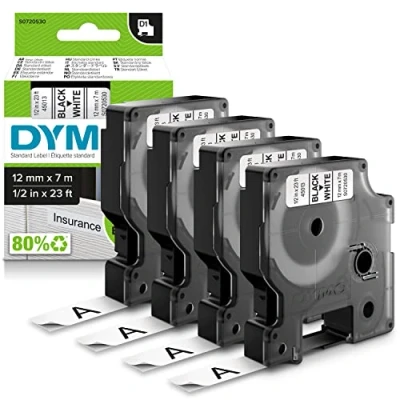 Abbildung von DYMO Original D1 Etikettenband schwarz auf weiß 12 mm x 7 m selbstklebendes Schriftband für LabelManager Beschriftungsgerät 4 Etikettenkassetten
