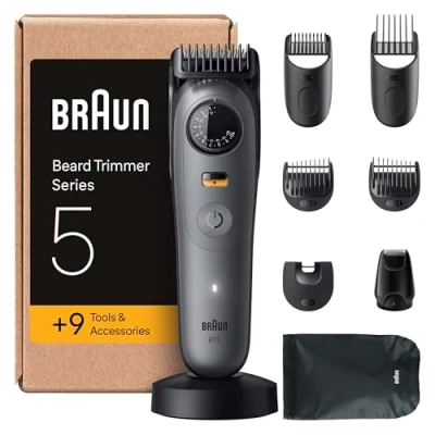 Abbildung von Braun Barttrimmer Series 5, Elektrischer Bartschneider Herren mit 9 Zubehörteile, Ultrascharfe ProBlade Klinge, 120 Min Akkulaufzeit, Kabelloser Bartrasierer, 40 Längen, Wasserdicht, BT5565, Grau