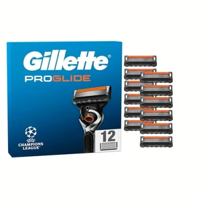 Abbildung von Gillette Fusion5 Proglide 12 Ersatzklingen mit 2x Gleitstreifen vor und nach den Klingen neuer EverGlide für unglaubliche Gründlichkeit Komfort