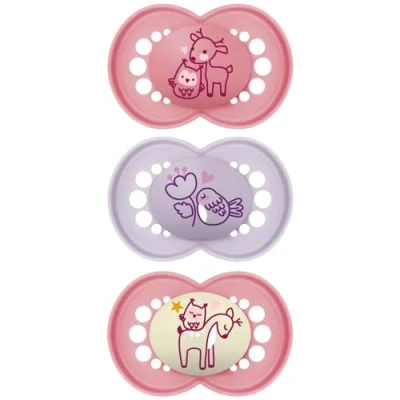 Abbildung von MAM, Original Schnuller Rosa 18+ Monate (3 Stück) zufällige Farbauswahl Symmetrischer und anatomischer Silikonsauger Baby mit Transport Sterilisierbox