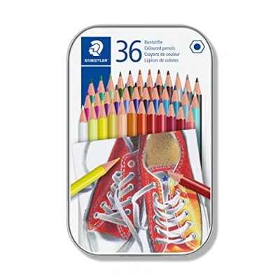 Abbildung von STAEDTLER Buntstifte, traditionelle Sechskantform, entsprechend Spielzeugrichtlinie EN71, Metalletui mit 36 leuchtenden Farben, 175 M36