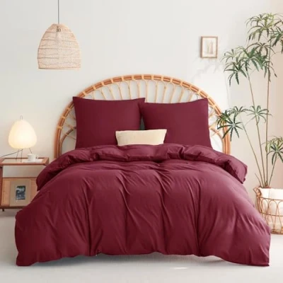 Abbildung von WAVVE Bettwäsche 155x220 3 teilig Weinrot Rot Bettbezug 155 x 220 Set mit 2 Kissenbezüge 80x80 cm, Sets 155x220cm aus Mikrofaser Reißverschluss Weich und Bügelfrei, Burgund