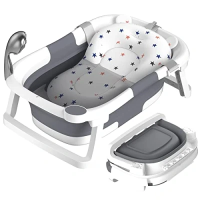 Abbildung von Rabb 1st Baby Badewanne Faltbare, Bathtub Babywanne Faltbar Babybadewanne Tragbare Wanne für Neugeborene Kleinkinder mit Rutschfester Matte und Abflussloch (Kein Thermometer) (Grau)