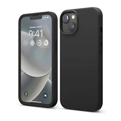 Abbildung von elago Schutzhülle für iPhone 14, Flüssigsilikon, Ganzkörper Schutzhülle, stoßfest, schlanke Handyhülle, kratzfestes, weiches Mikrofaserfutter, 15,5 cm (6,1 Zoll) (Schwarz)