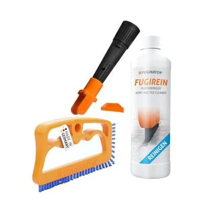 Abbildung von FUGINATOR® Trio mit Fugenbürste in orange/blau, EU Adapter &amp; Fugenreingier 250 ml Fugenreinigung im Stehen für Fliesen, WC, Bad etc. Geeignet Silikon Fugen. Bürste harten Borsten