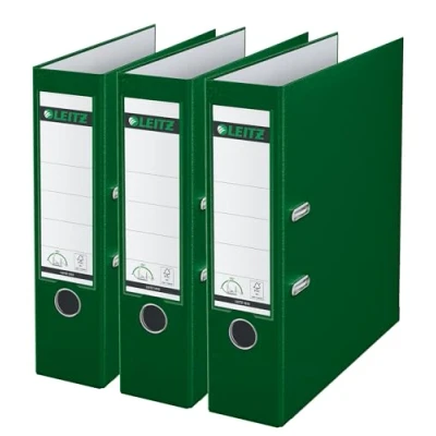 Abbildung von Leitz Qualitäts Ordner 180 Plastik, 3er Pack, das Original, A4 Aktenordner 8 cm breit, 90% Recycling Karton, 30% Pre Consumer Kunststoff, Mechanik, 600 Blatt Kapazität, Grün, 310335055