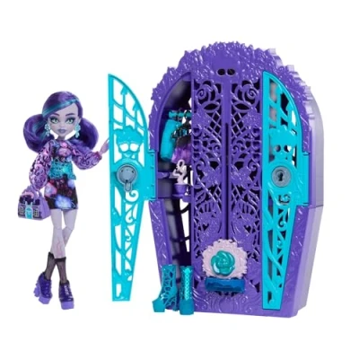 Abbildung von Monster High Skulltimate Secrets Set aus Puppe und Zubehör, Garden Mysteries Twyla mit zauberhaftem Kleiderschrank über 19 Teeparty Überraschungen wie Puppenkleidung, HYT74