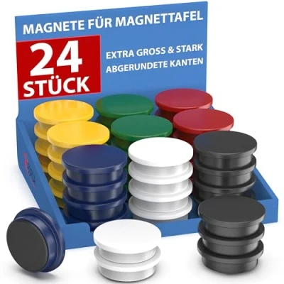 Abbildung von REORDA Magnete für Magnettafel stark 24x Starke Whiteboard, Pinnwand, als Kühlschrank &amp; Tafelmagnete haftend, rund Bunt