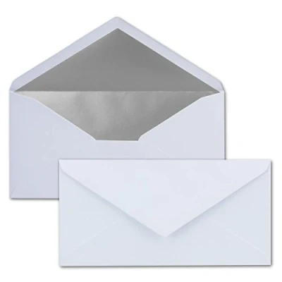 Abbildung von 25 Brief Umschläge DIN Lang Weiß mit Silber Metallic Innen Futter 110 x 220 mm Nassklebung festliche Kuverts für Weihnachten