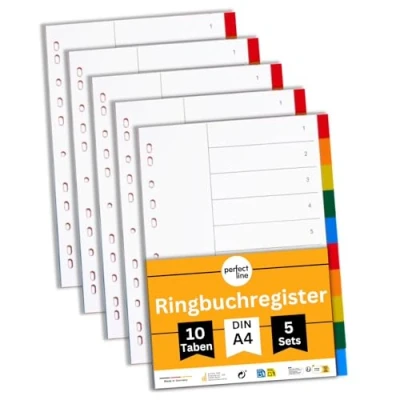 Abbildung von perfect line Ordner Register DIN A4 aus Kunststoff (PP), 10 Taben (10 teilig), 5er Set, Trennblätter für Akten Ordner, recycelbar, MADE IN GERMANY
