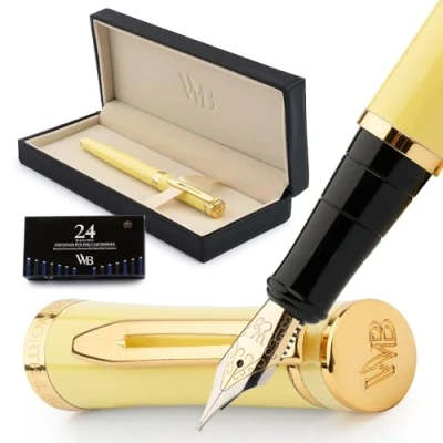 Abbildung von Wordsworth &amp; Black Füllfederhalter Set, mittlere 18 Karat Goldfeder, inklusive 24 Tintenpatronen, Kolbenkonverter und Geschenkbox, goldfarben, Kalligraphie, Gelb