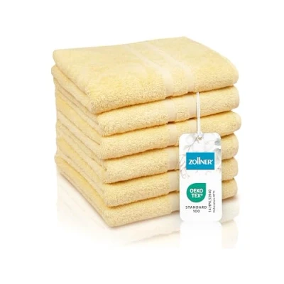 Abbildung von ZOLLNER 6er Set Handtücher in 50x70 cm Flauschige Badetücher aus Baumwolle mit moderner Streifenbordüre bis 60C waschbar praktischem Aufhänger gelb Hotelqualität