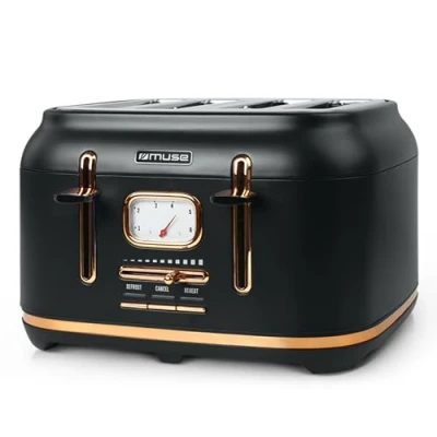 Abbildung von Muse Edelstahl Toaster im schwarzen Retro Design, analoge Anzeige, beleuchtete Tasten, 6 Bräunungsstufen, 4 Scheiben, MS 131 BC, Vintage Look, mit Krümelschublade