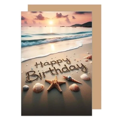 Abbildung von Edition Seidel Premium Geburtstagskarte mit Umschlag. Glückwunschkarte Grußkarte Karte Billet Geburtstag Happy Birthday Mann Frau Strand Meer Seestern Muscheln Sonnenuntergang (G3565 SW024)