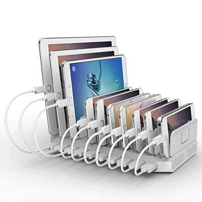 Abbildung von Alxum USB Ladestation für Multi Geräte 96W, 10 Port Mehrere Schnellladestation Organizer Moblie Phone, Tablet, Weiß