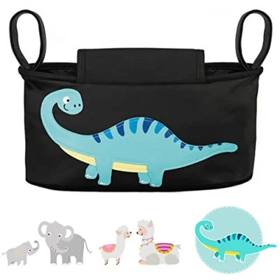 Abbildung von GLÜCKSWOLKE Kinderwagen Organizer 12 Motive I Kinderwagentasche verschließbar Kinder Buggy Tasche mit Feuchttuchspender Baby Stroller Bag Black Aufbewahrungstasche (Danny Dino schwarz)
