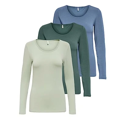 Abbildung von ONLY Damen Onllive Love LS O Neck TOP 3 Pack, Desert Sage/Balsam Green/China Blue, S