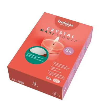 Abbildung von bolsius Maxi XL Teelichter Clear Cup Transparente Hülle Weiß Brenndauer 8 Stunden 12 Stück im Karton mit Pflanzliches Wachs, 8h box