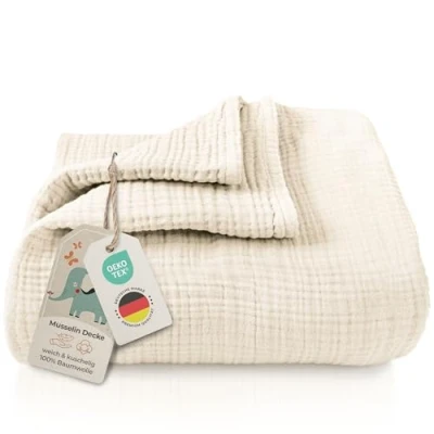 Abbildung von LAYNENBURG Premium Musselin Babydecke 120x120cm 4 lagige Decke aus 100% Baumwolle Oeko TEX 100 Kuscheldecke oder Schlafdecke, Pucktuch, Spucktuch für Baby, Neugeborene &amp; Kinder (Creme)