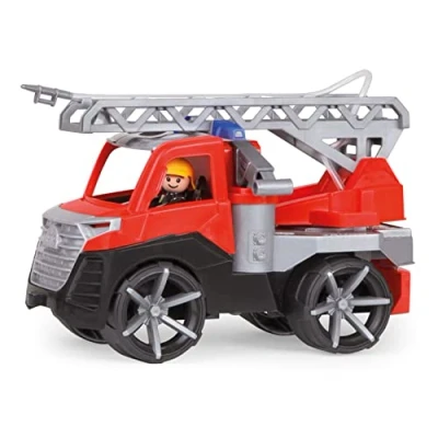 Abbildung von Lena 04515DF TRUXX² Feuerwehr Leiterwagen, Feuerwehrauto ca. 28 cm, Feuerwehrwagen mit klappbarer Leiter, Wasserspritze und vollbeweglicher Spielfigur, für Kinder ab 2 Jahre, Spielfahrzeug rot