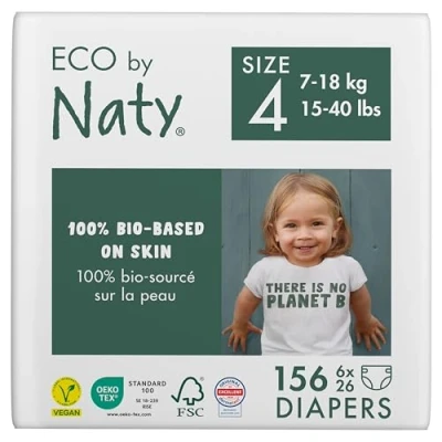 Abbildung von Eco by Naty Baby Öko Windeln umweltfreundliche Premium Bio aus pflanzenbasierten Materialien, ideal für empfindliche Babyhaut (Größe 4 156 Stück) MONATSBOX