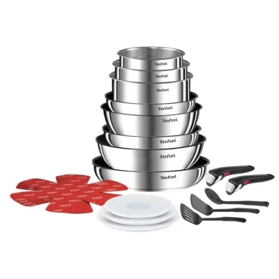 Abbildung von Tefal Ingenio Kochgeschirr, 20 teilig, Pfannen, Töpfe, 2 abnehmbare Griffe, Induktion, Antihaftbeschichtung, stapelbar, spülmaschinengeeignet, Emotion L897SK04