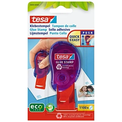 Abbildung von tesa Klebestempel ecoLogo Klebelösung zum schnellen Verkleben von Papier, Pappe und Fotos 1.100 doppelseitige Klebepads Umweltfreundliche Verpackung