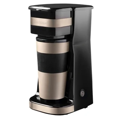 Abbildung von Bestron Kaffeemaschine mit Isolierbecher, Camping für gemahlenen Filterkaffee, kleine 2 Große Tassen, 750 Watt, Edelstahl, Farbe: hellbeige/satin